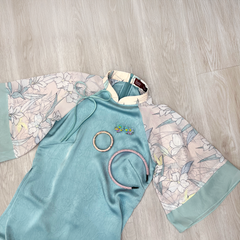 Áo dài Dáng suôn Cảnh Hoa Xuân - Xanh lơ hoa trắng