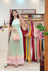 Áo dài Dáng suôn Cảnh Hoa Xuân - Xanh mint hoa hồng