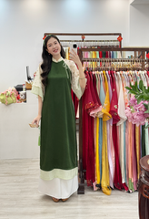 Áo dài Dáng suôn Cảnh Hoa Xuân - Xanh thông hoa thêu