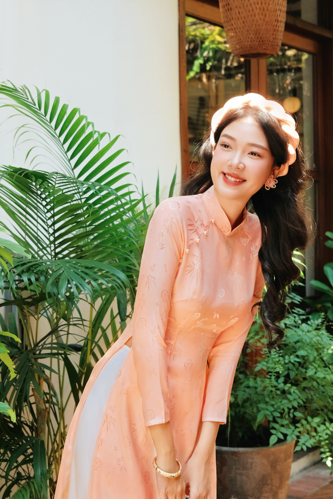 Áo dài Truyền thống Gấm Khuê Gia - Cam trúc thọ