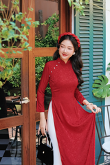 Áo dài Truyền thống Gấm Khuê Gia - Đỏ hoa rơi