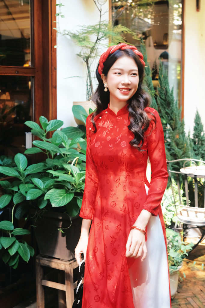 Áo dài Truyền thống Gấm Khuê Gia - Đỏ trúc thọ
