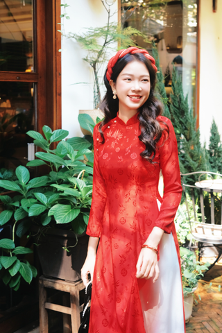 Áo dài Truyền thống Gấm Khuê Gia - Đỏ trúc thọ