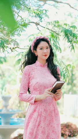 Áo dài Truyền thống Gấm Khuê Gia - Hồng ửng