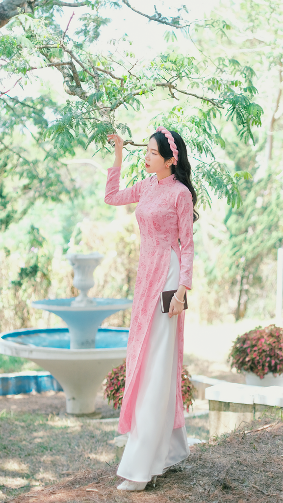 Áo dài Truyền thống Gấm Khuê Gia - Hồng ửng