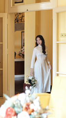 Áo dài Truyền thống Gấm Khuê Gia - Trắng dệt hoa