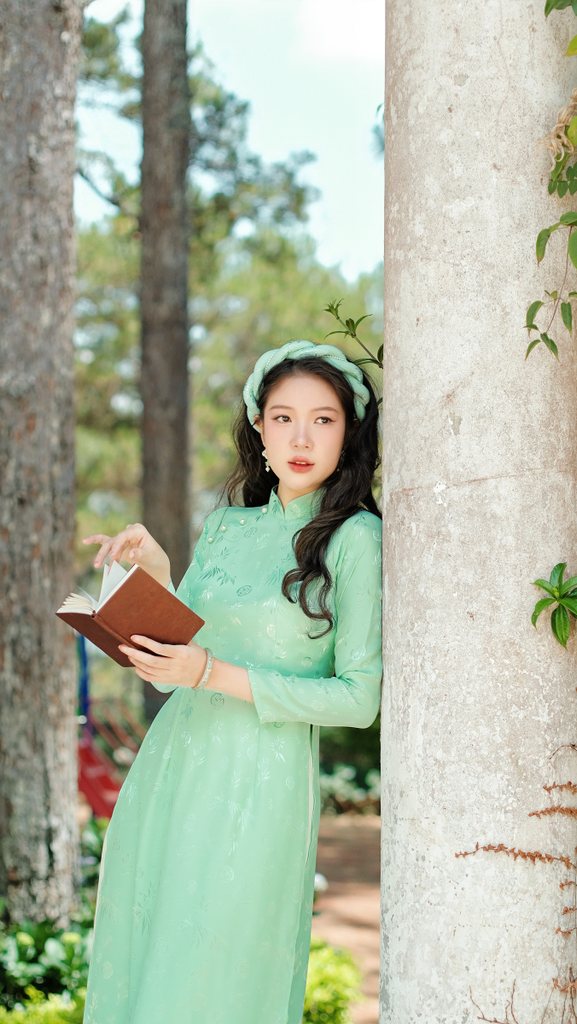 Áo dài Truyền thống Gấm Khuê Gia - Xanh ngọc