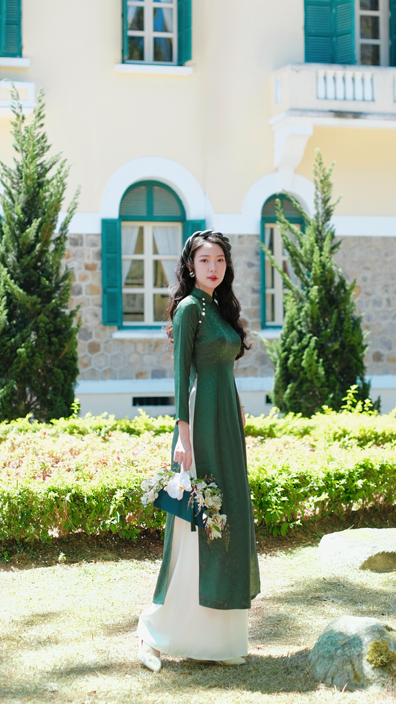 Áo dài Truyền thống Gấm Khuê Gia - Xanh thông