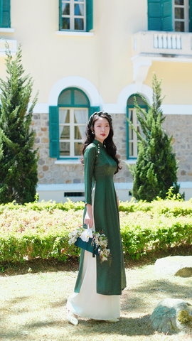 Áo dài Truyền thống Gấm Khuê Gia - Xanh thông