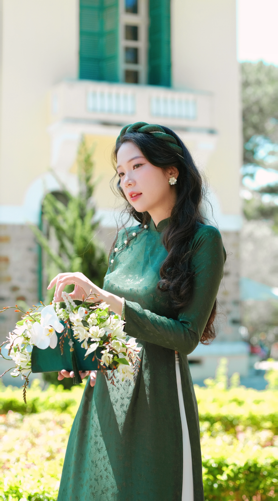 Áo dài Truyền thống Gấm Khuê Gia - Xanh thông