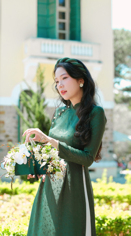 Áo dài Truyền thống Gấm Khuê Gia - Xanh thông