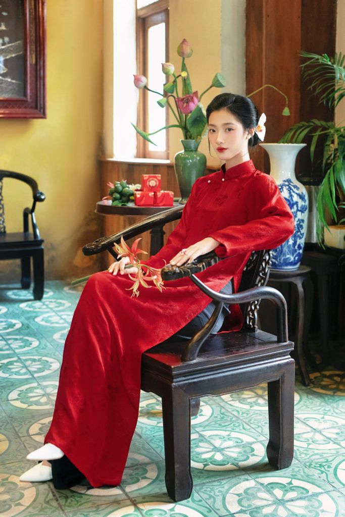 Áo dài lụa tơ tằm Tay chẽn Phúc Châu - Đỏ ổ sen
