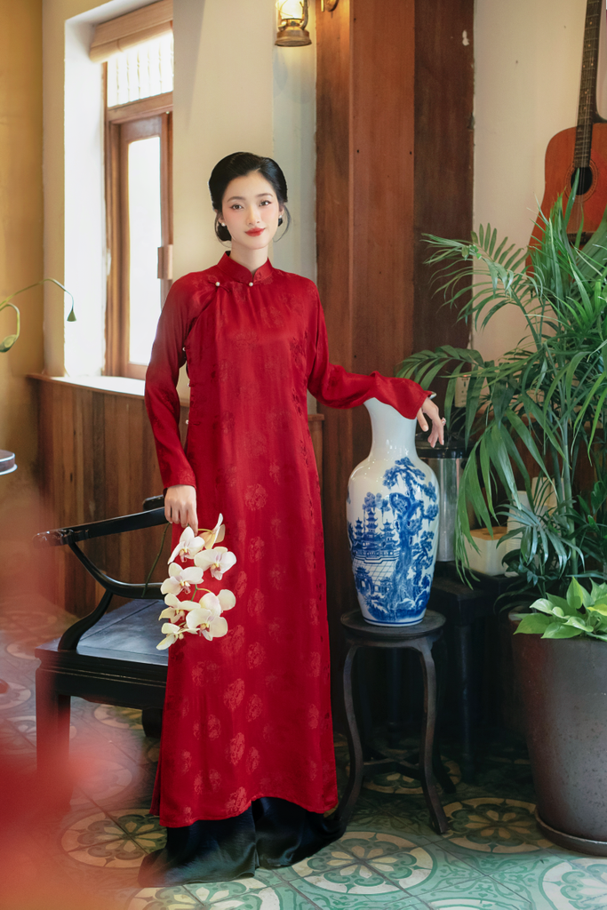 Áo dài lụa tơ tằm Tay chẽn Phúc Châu - Đỏ ổ sen