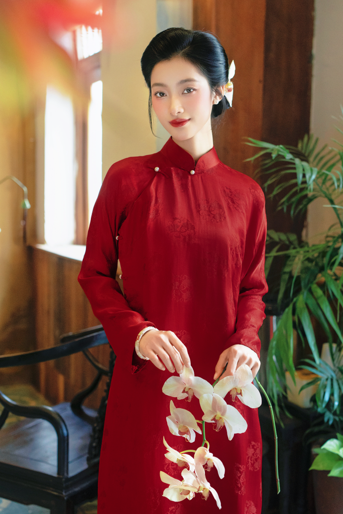 Áo dài lụa tơ tằm Tay chẽn Phúc Châu - Đỏ ổ sen
