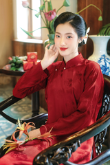 Áo dài lụa tơ tằm Tay chẽn Phúc Châu - Đỏ ổ sen