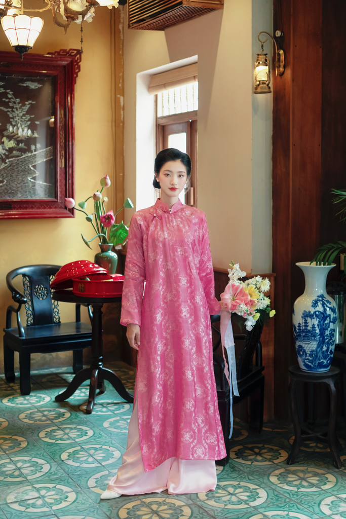 Áo dài lụa tơ tằm Tay chẽn Phúc Châu - Hồng phúc thọ