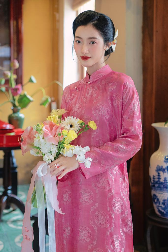 Áo dài lụa tơ tằm Tay chẽn Phúc Châu - Hồng phúc thọ
