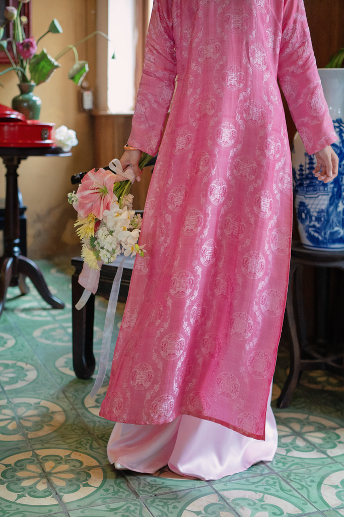 Áo dài lụa tơ tằm Tay chẽn Phúc Châu - Hồng phúc thọ