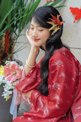 Áo dài lụa tơ tằm Dáng suôn Phúc Hạnh - Đỏ hoa cúc