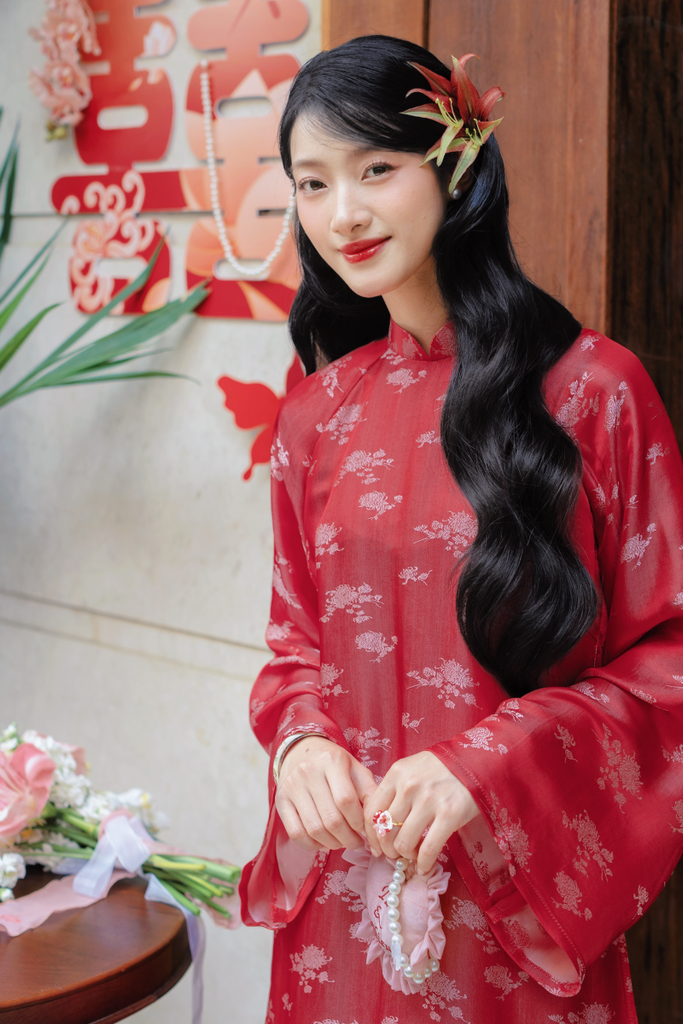 Áo dài lụa tơ tằm Dáng suôn Phúc Hạnh - Đỏ hoa cúc
