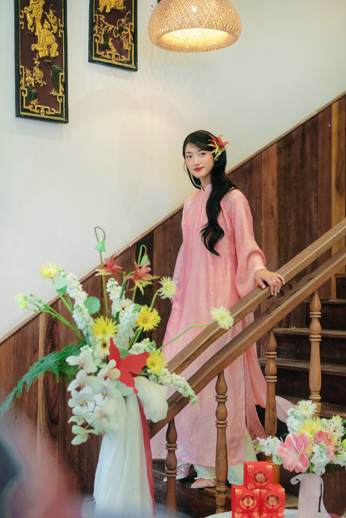 Áo dài lụa tơ tằm Dáng suôn Phúc Hạnh - Hồng phúc thọ