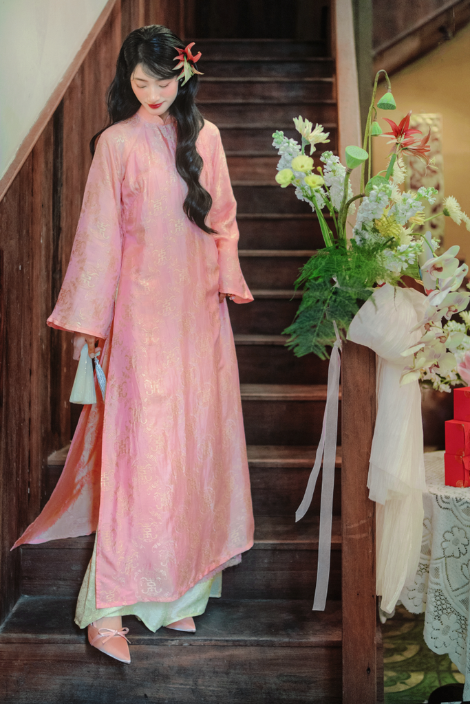 Áo dài lụa tơ tằm Dáng suôn Phúc Hạnh - Hồng phúc thọ