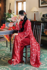 Áo dài lụa tơ tằm Dáng suôn Phúc Hoa - Đỏ hoa cúc