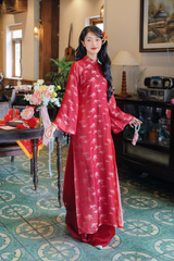 Áo dài lụa tơ tằm Dáng suôn Phúc Hoa - Đỏ hoa cúc
