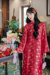 Áo dài lụa tơ tằm Dáng suôn Phúc Hoa - Đỏ hoa cúc