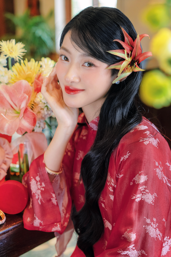 Áo dài lụa tơ tằm Dáng suôn Phúc Hoa - Đỏ hoa cúc