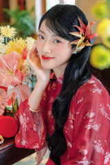 Áo dài lụa tơ tằm Dáng suôn Phúc Hoa - Đỏ hoa cúc