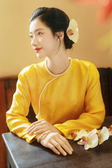 Áo dài Lụa tơ tằm Phúc Lan - Vàng cúc sen