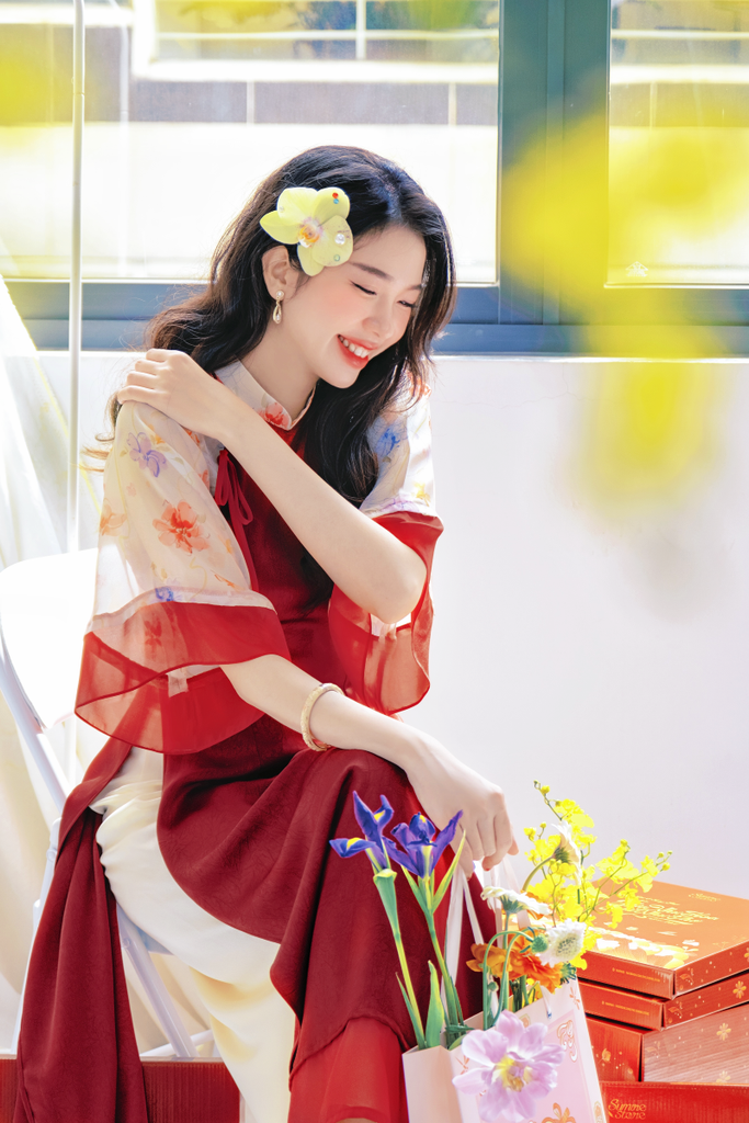 Áo dài Phương Hoa Xuân - Đỏ đô hoa kem