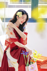 Áo dài Phương Hoa Xuân - Đỏ đô hoa kem