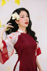 Áo dài Phương Hoa Xuân - Đỏ đô hoa kem