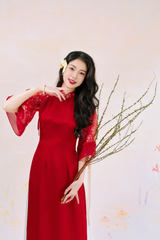 Áo dài Phương Hoa Xuân - Đỏ hoa rơi nhỏ