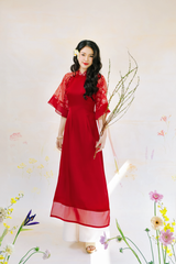 Áo dài Phương Hoa Xuân - Đỏ hoa rơi nhỏ