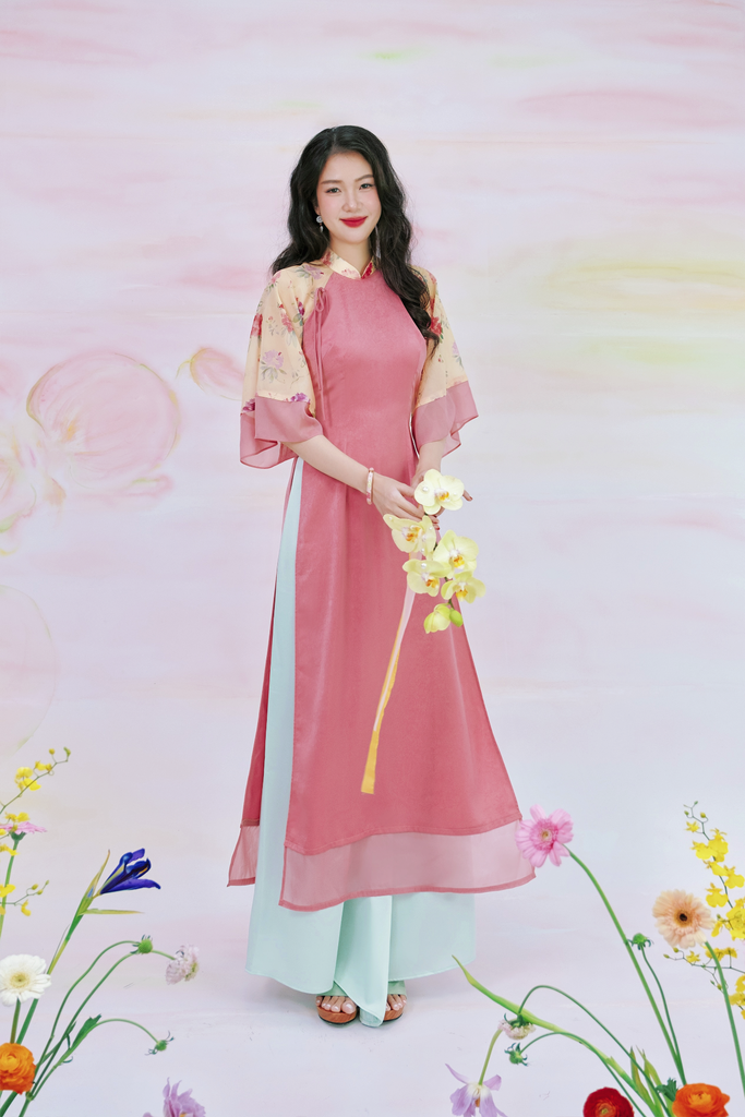 Áo dài Phương Hoa Xuân - Hồng đậm hoa kem