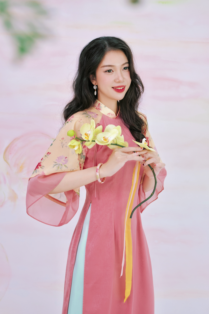 Áo dài Phương Hoa Xuân - Hồng đậm hoa kem
