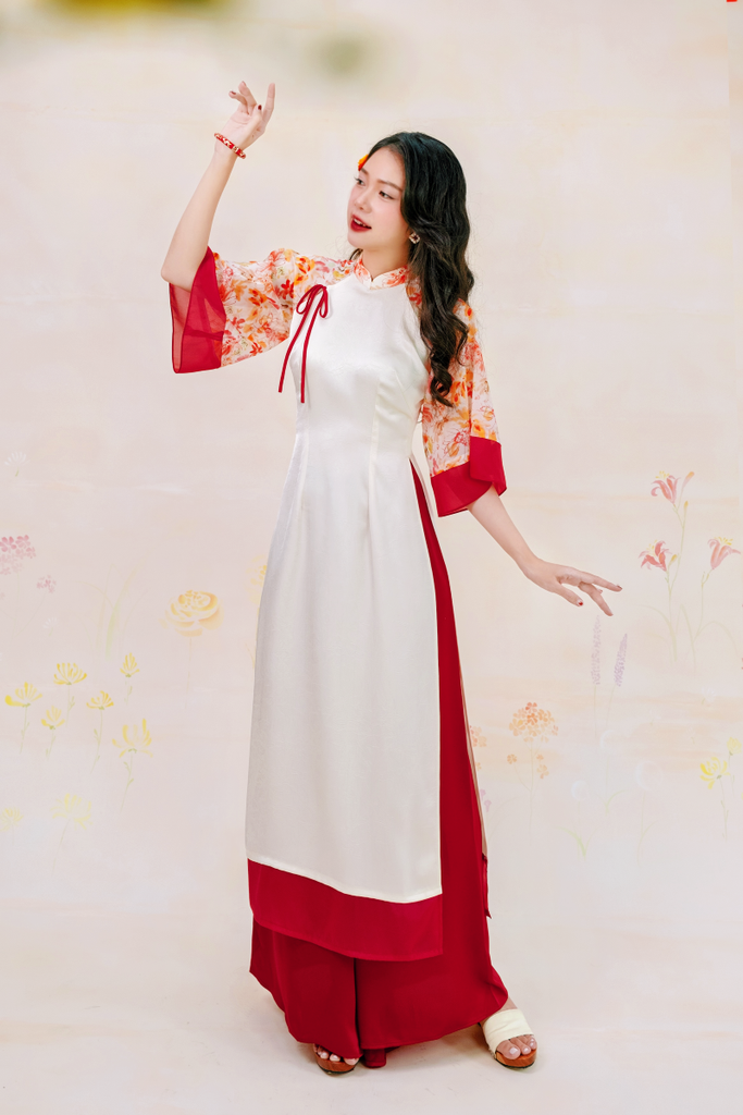 Áo dài Phương Hoa Xuân - Kem nhạt hoa chùm