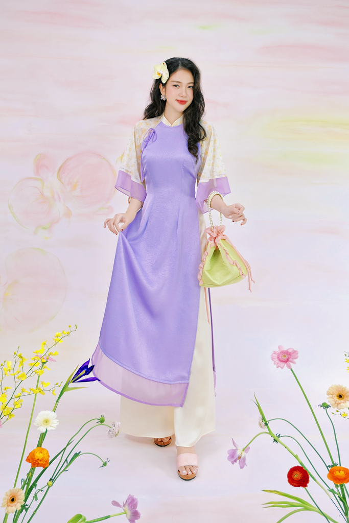 Áo dài Phương Hoa Xuân - Tím nhạt hoa vàng