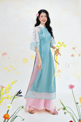 Áo dài Phương Hoa Xuân - Xanh lơ hoa trắng