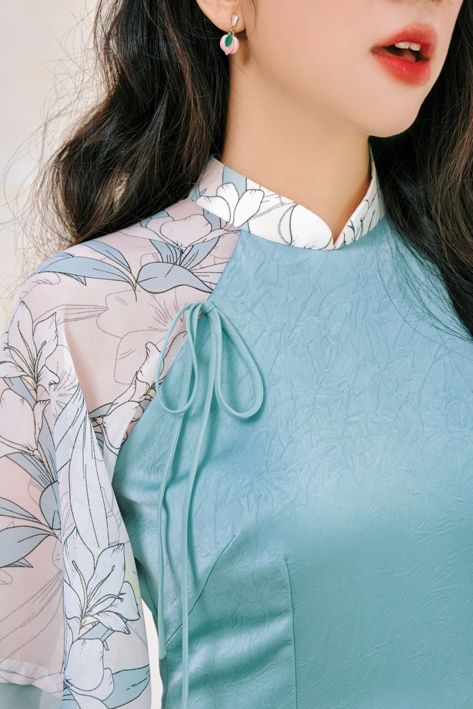 Áo dài Phương Hoa Xuân - Xanh lơ hoa trắng