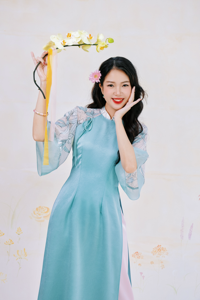 Áo dài Phương Hoa Xuân - Xanh lơ hoa trắng