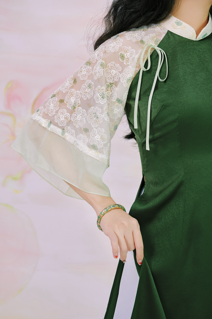 Áo dài Phương Hoa Xuân - Xanh thông hoa thêu