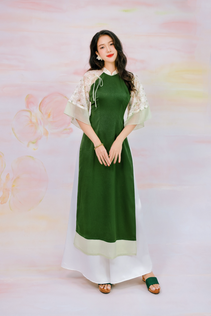 Áo dài Phương Hoa Xuân - Xanh thông hoa thêu