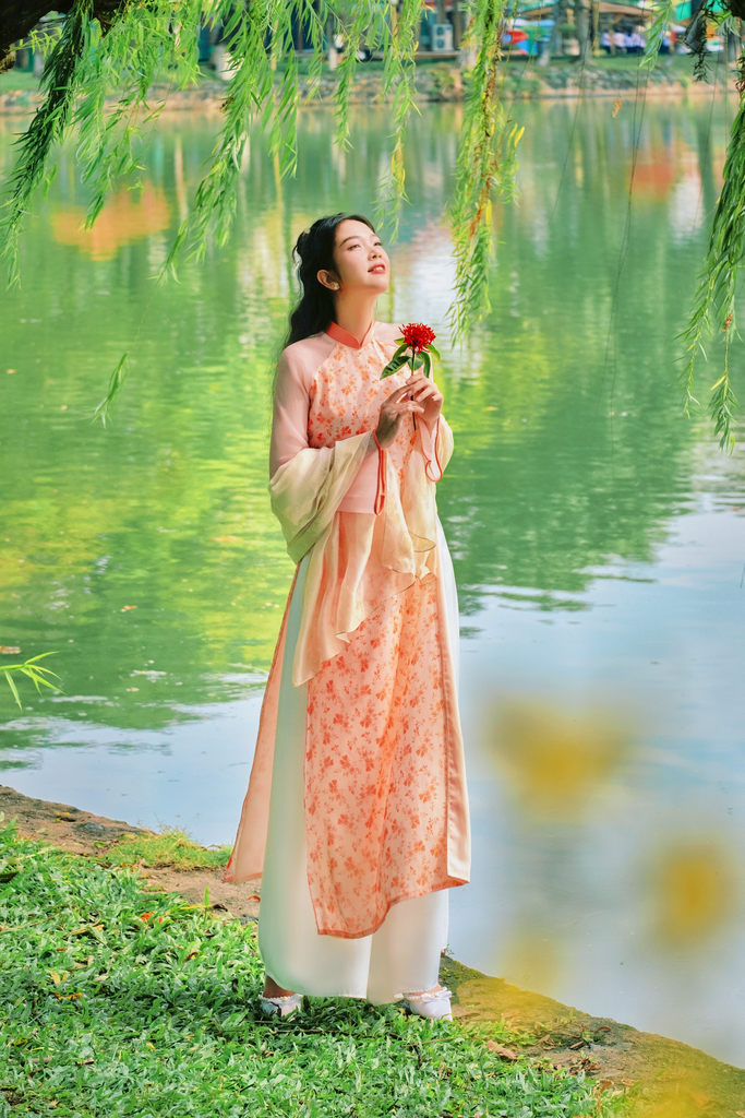 Áo dài dáng suôn Sớm Xuân - Cam hoa nhỏ