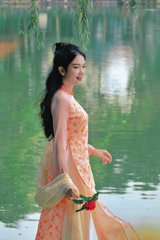 Áo dài dáng suôn Sớm Xuân - Cam hoa nhỏ