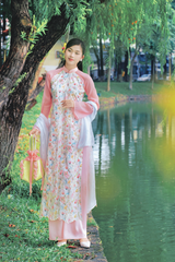 Áo dài dáng suôn Sớm Xuân - Trắng hoa loang hồng