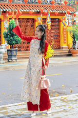 Áo dài dáng suôn Sớm Xuân - Trắng hoa ngũ sắc